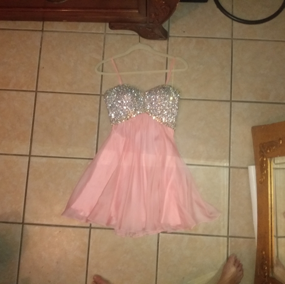 La Femme Paris Rhinestone Sparkly Pink Mini Dress - Picture 2 of 15